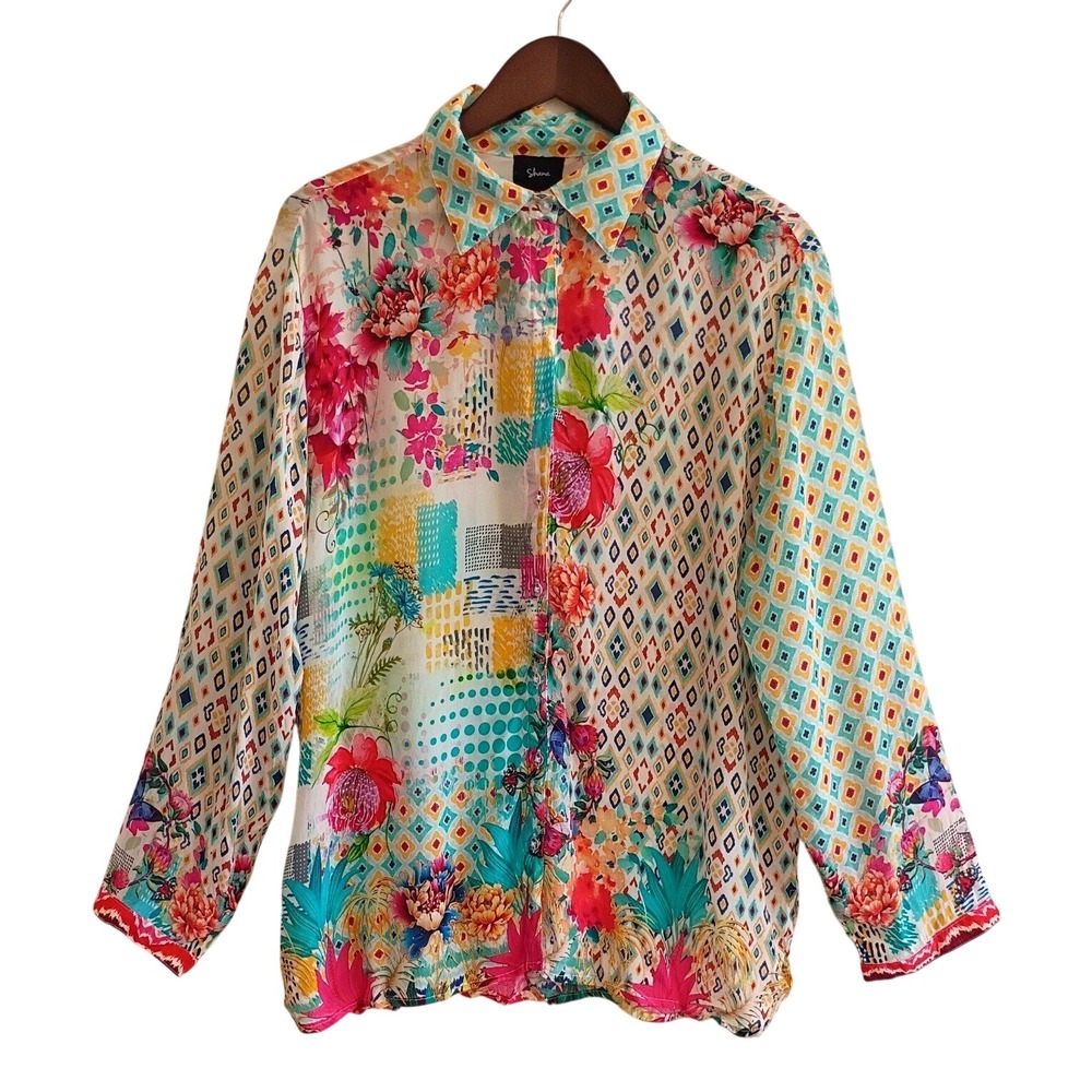 Shana Floral Geometric Viscose Silk Button Up Blouse Multi Color Long Sleeve XL